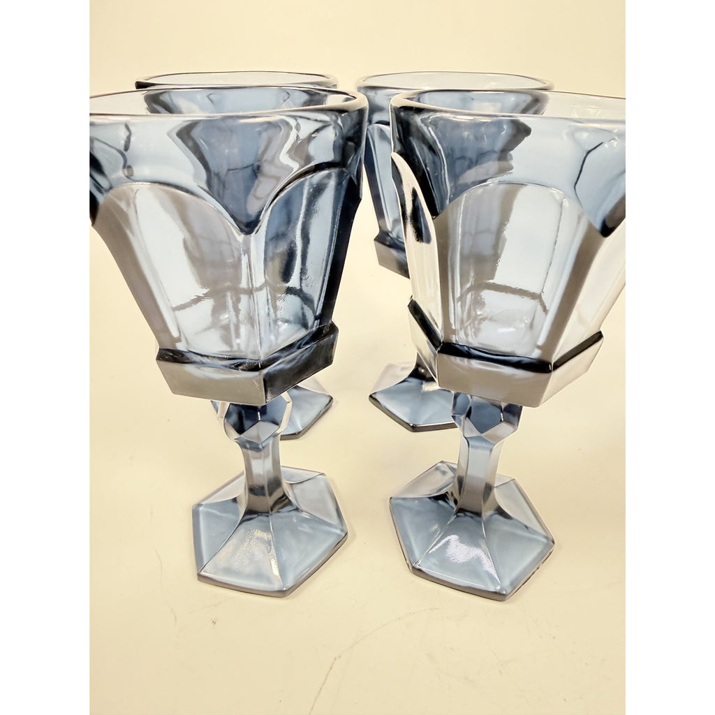 Wine Glass Goblet Set 4 Stemmed Claret Footed Vintage Fostoria Virginia Dark Blue Replacement Glassware Barware Drinkware