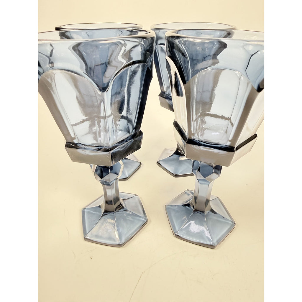 Wine Glass Goblet Set 4 Stemmed Claret Footed Vintage Fostoria Virginia Dark Blue Replacement Glassware Barware Drinkware
