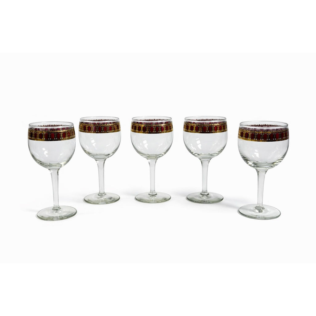 Stemmed Wine Glasses Culver Valencia Cranberry Scroll Mid Century Modern 22KT Gold Replacement  Glass - Set of 5 Vintage Barware Tableware