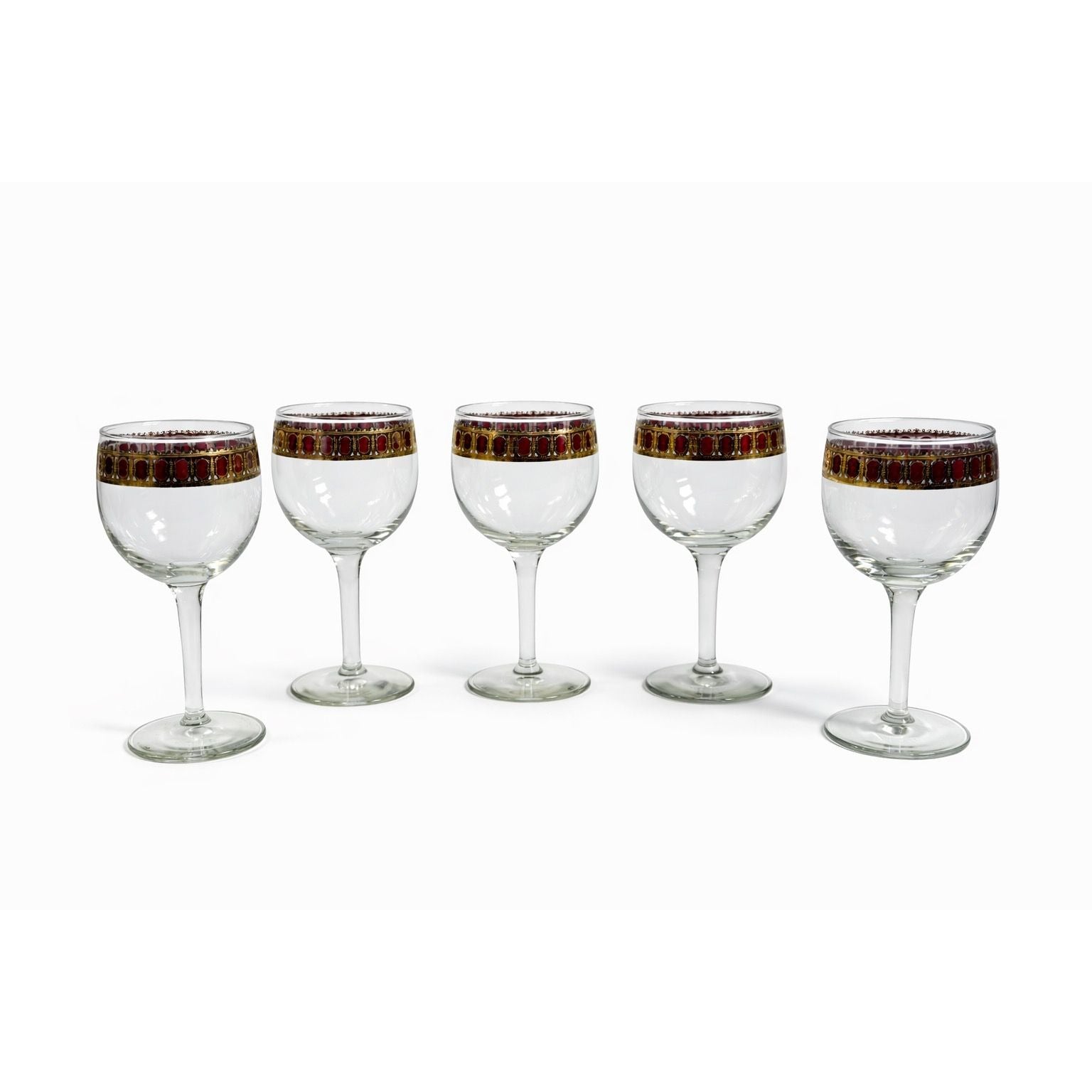 Stemmed Wine Glasses Culver Valencia Cranberry Scroll Mid Century Modern 22KT Gold Replacement  Glass - Set of 5 Vintage Barware Tableware