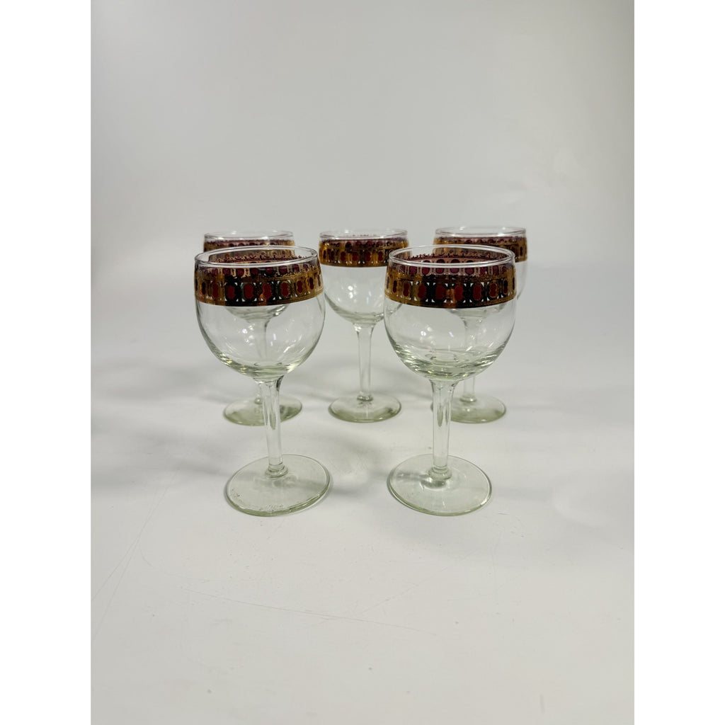 Stemmed Wine Glasses Culver Valencia Cranberry Scroll Mid Century Modern 22KT Gold Replacement  Glass - Set of 5 Vintage Barware Tableware