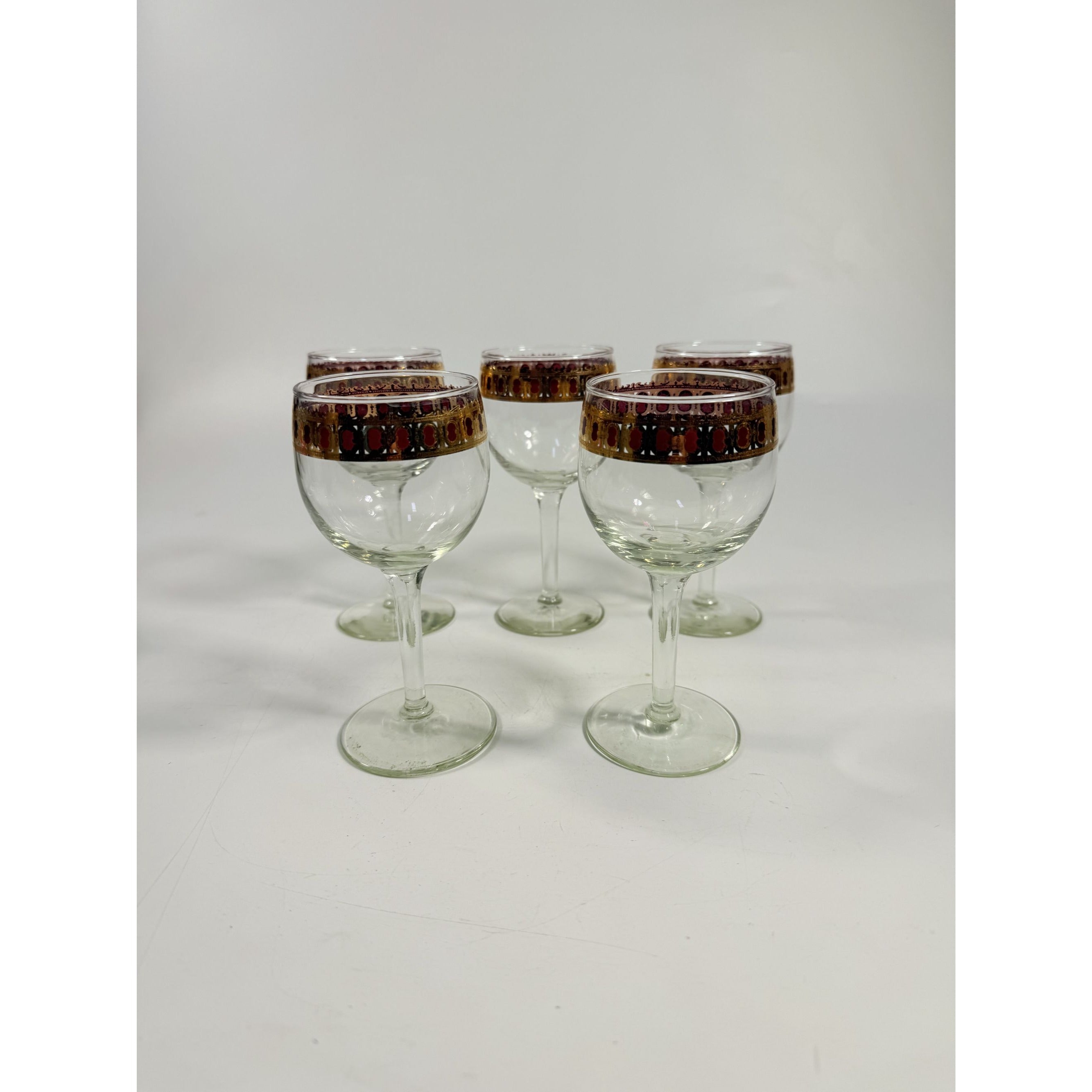 Stemmed Wine Glasses Culver Valencia Cranberry Scroll Mid Century Modern 22KT Gold Replacement  Glass - Set of 5 Vintage Barware Tableware