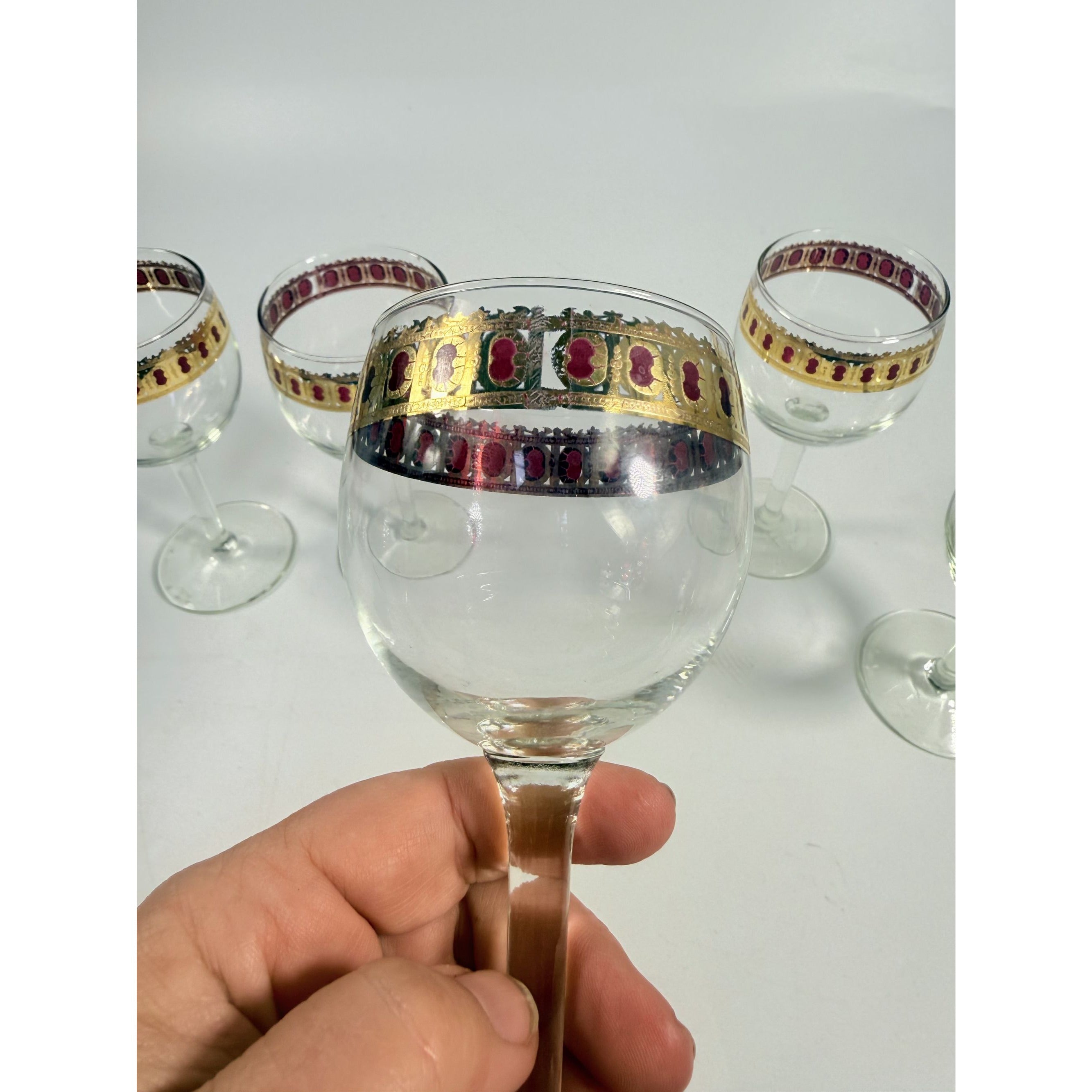 Stemmed Wine Glasses Culver Valencia Cranberry Scroll Mid Century Modern 22KT Gold Replacement  Glass - Set of 5 Vintage Barware Tableware