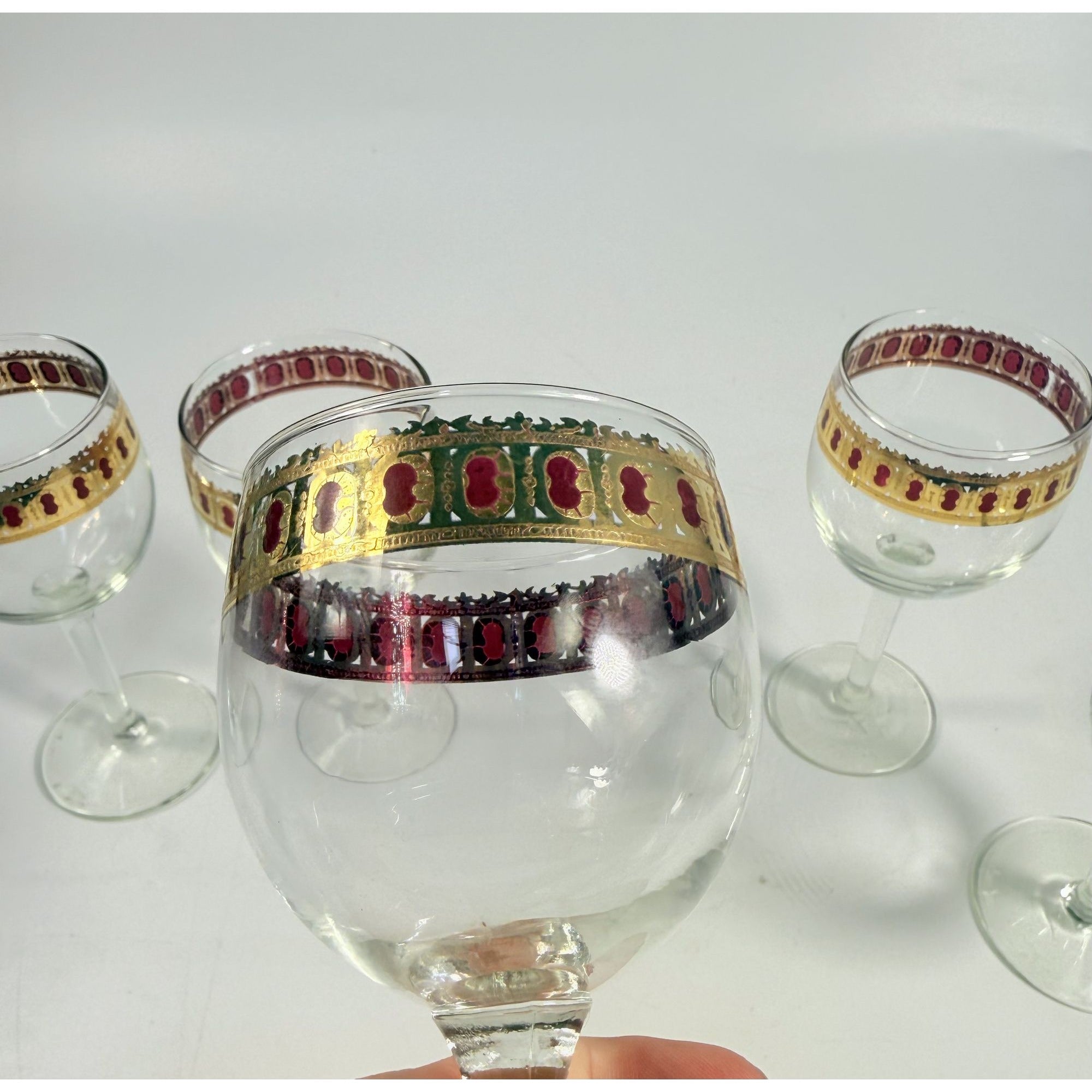 Stemmed Wine Glasses Culver Valencia Cranberry Scroll Mid Century Modern 22KT Gold Replacement  Glass - Set of 5 Vintage Barware Tableware