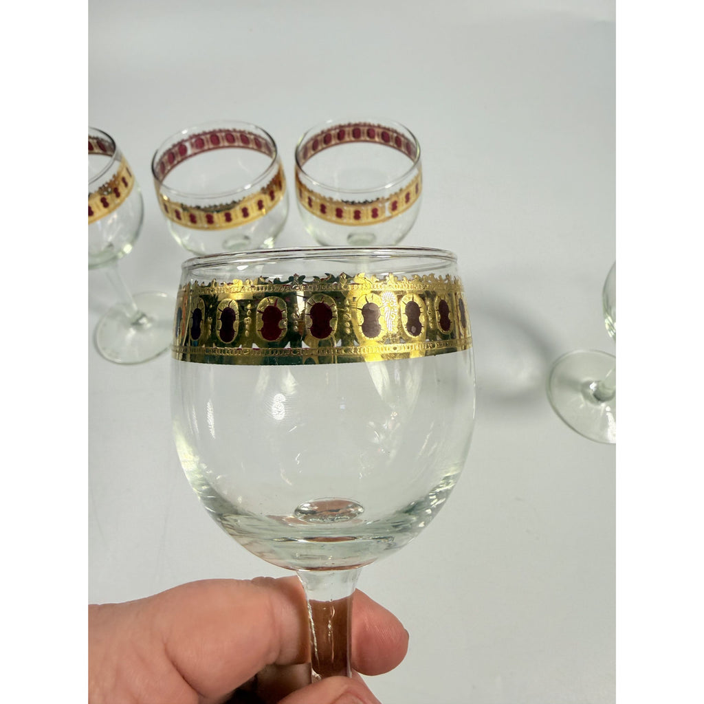 Stemmed Wine Glasses Culver Valencia Cranberry Scroll Mid Century Modern 22KT Gold Replacement  Glass - Set of 5 Vintage Barware Tableware