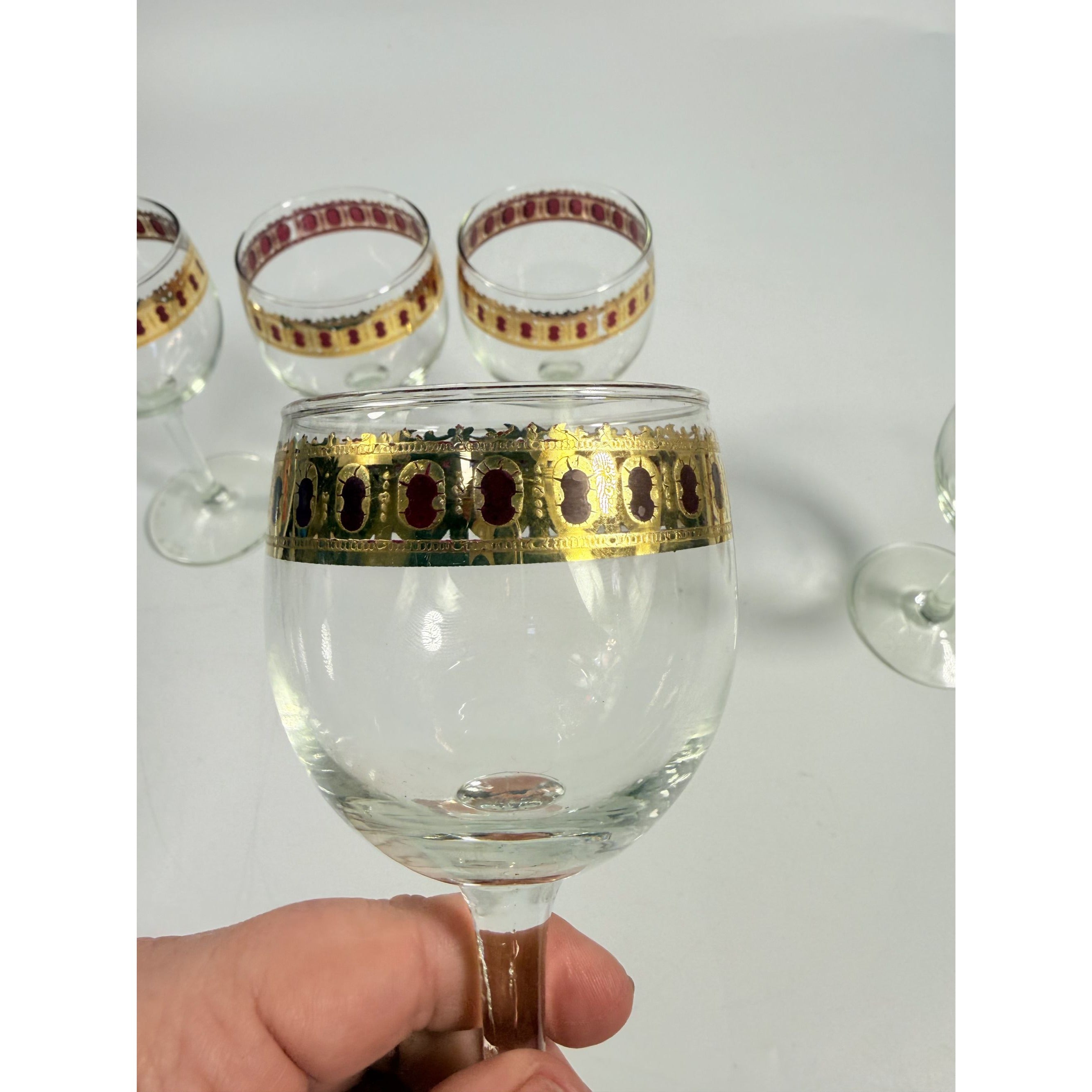 Stemmed Wine Glasses Culver Valencia Cranberry Scroll Mid Century Modern 22KT Gold Replacement  Glass - Set of 5 Vintage Barware Tableware