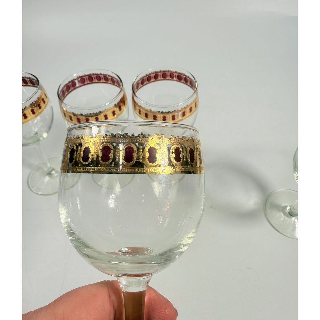 Stemmed Wine Glasses Culver Valencia Cranberry Scroll Mid Century Modern 22KT Gold Replacement  Glass - Set of 5 Vintage Barware Tableware