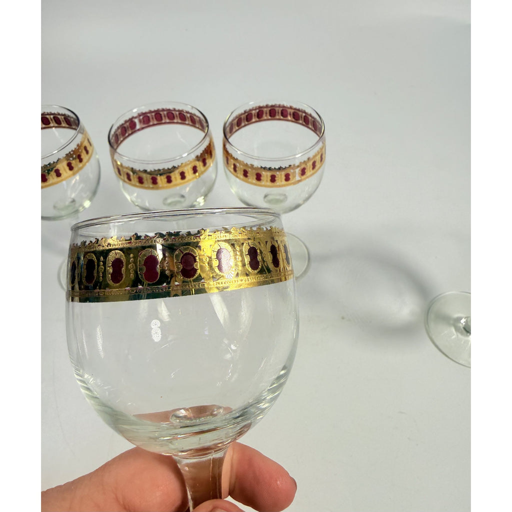 Stemmed Wine Glasses Culver Valencia Cranberry Scroll Mid Century Modern 22KT Gold Replacement  Glass - Set of 5 Vintage Barware Tableware