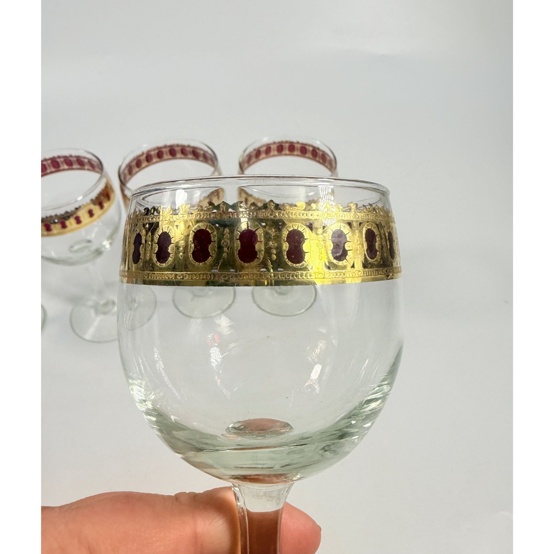 Stemmed Wine Glasses Culver Valencia Cranberry Scroll Mid Century Modern 22KT Gold Replacement  Glass - Set of 5 Vintage Barware Tableware