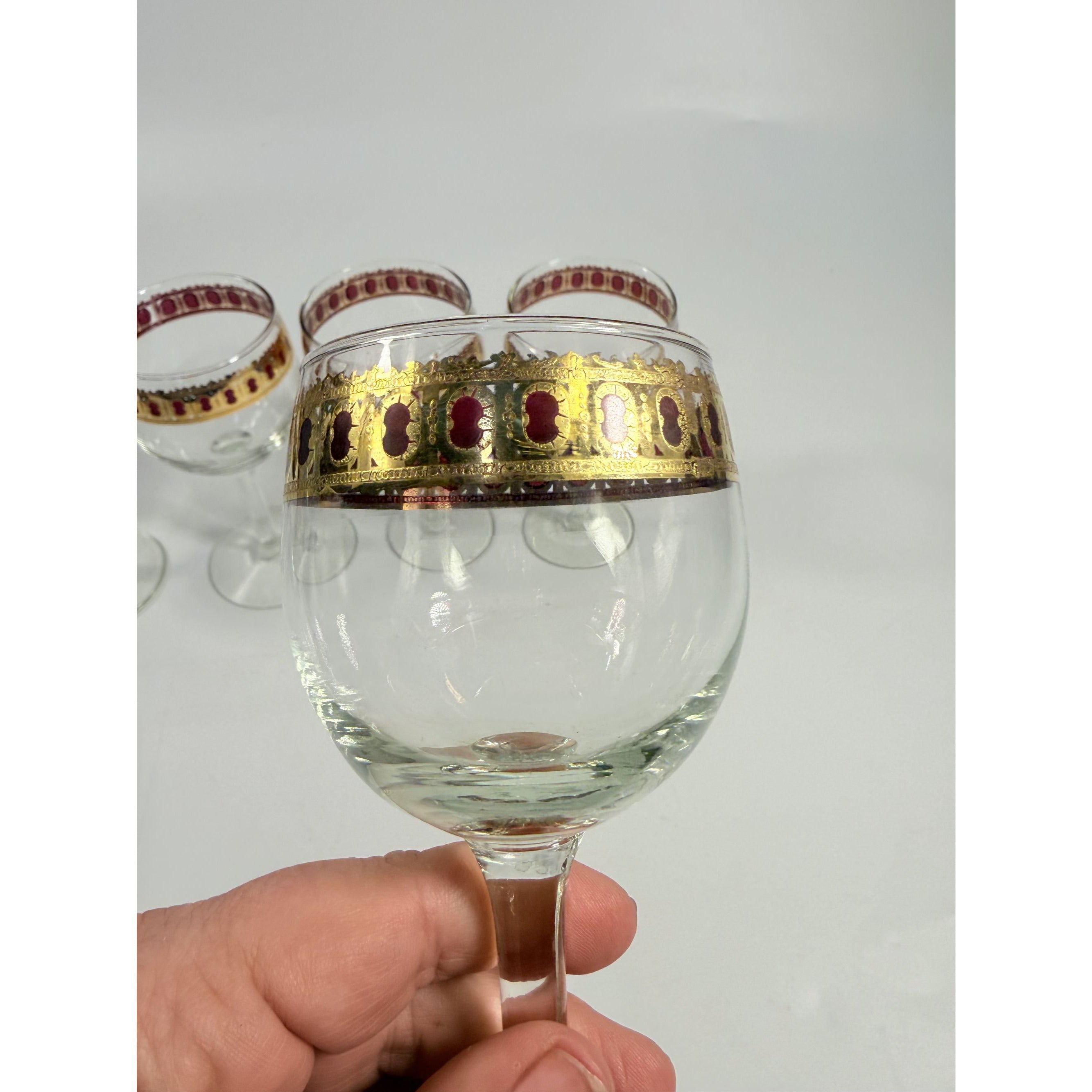 Stemmed Wine Glasses Culver Valencia Cranberry Scroll Mid Century Modern 22KT Gold Replacement  Glass - Set of 5 Vintage Barware Tableware