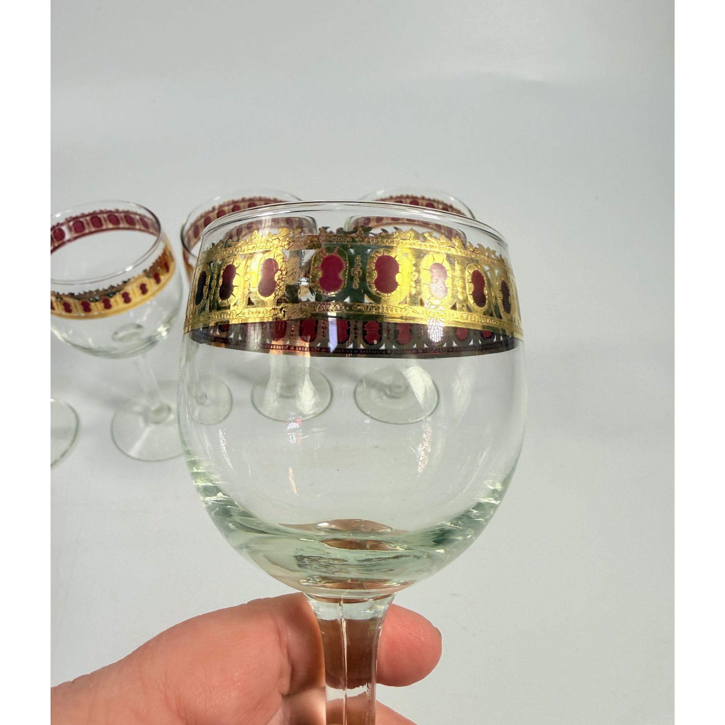Stemmed Wine Glasses Culver Valencia Cranberry Scroll Mid Century Modern 22KT Gold Replacement  Glass - Set of 5 Vintage Barware Tableware
