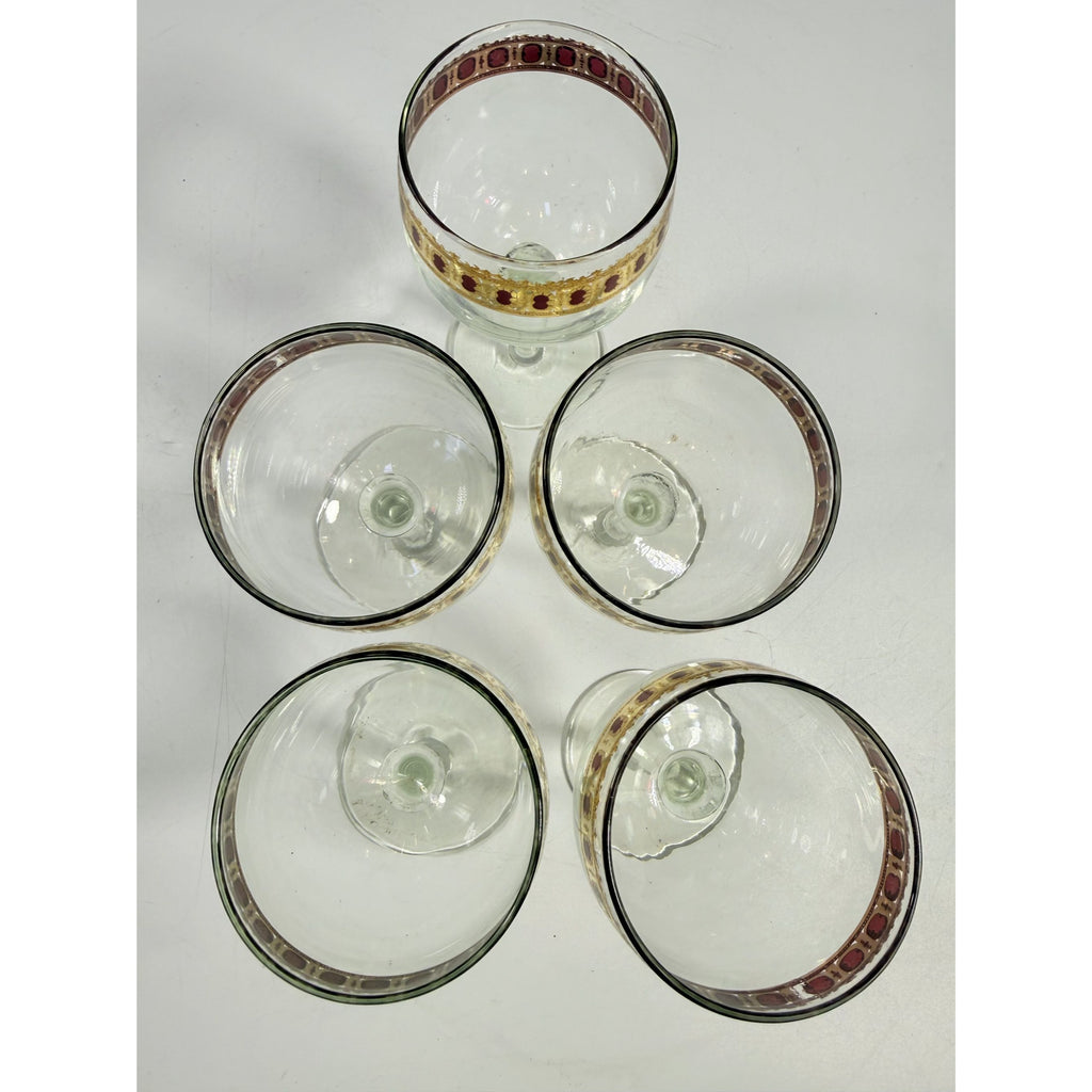 Stemmed Wine Glasses Culver Valencia Cranberry Scroll Mid Century Modern 22KT Gold Replacement  Glass - Set of 5 Vintage Barware Tableware