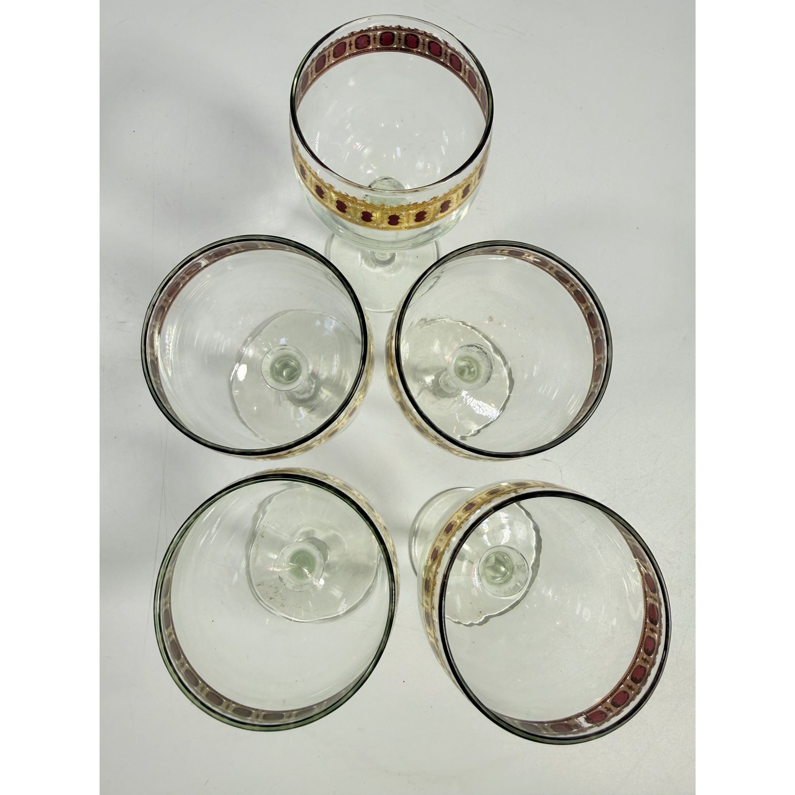 Stemmed Wine Glasses Culver Valencia Cranberry Scroll Mid Century Modern 22KT Gold Replacement  Glass - Set of 5 Vintage Barware Tableware