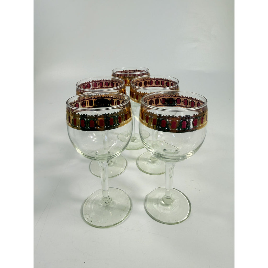 Stemmed Wine Glasses Culver Valencia Cranberry Scroll Mid Century Modern 22KT Gold Replacement  Glass - Set of 5 Vintage Barware Tableware