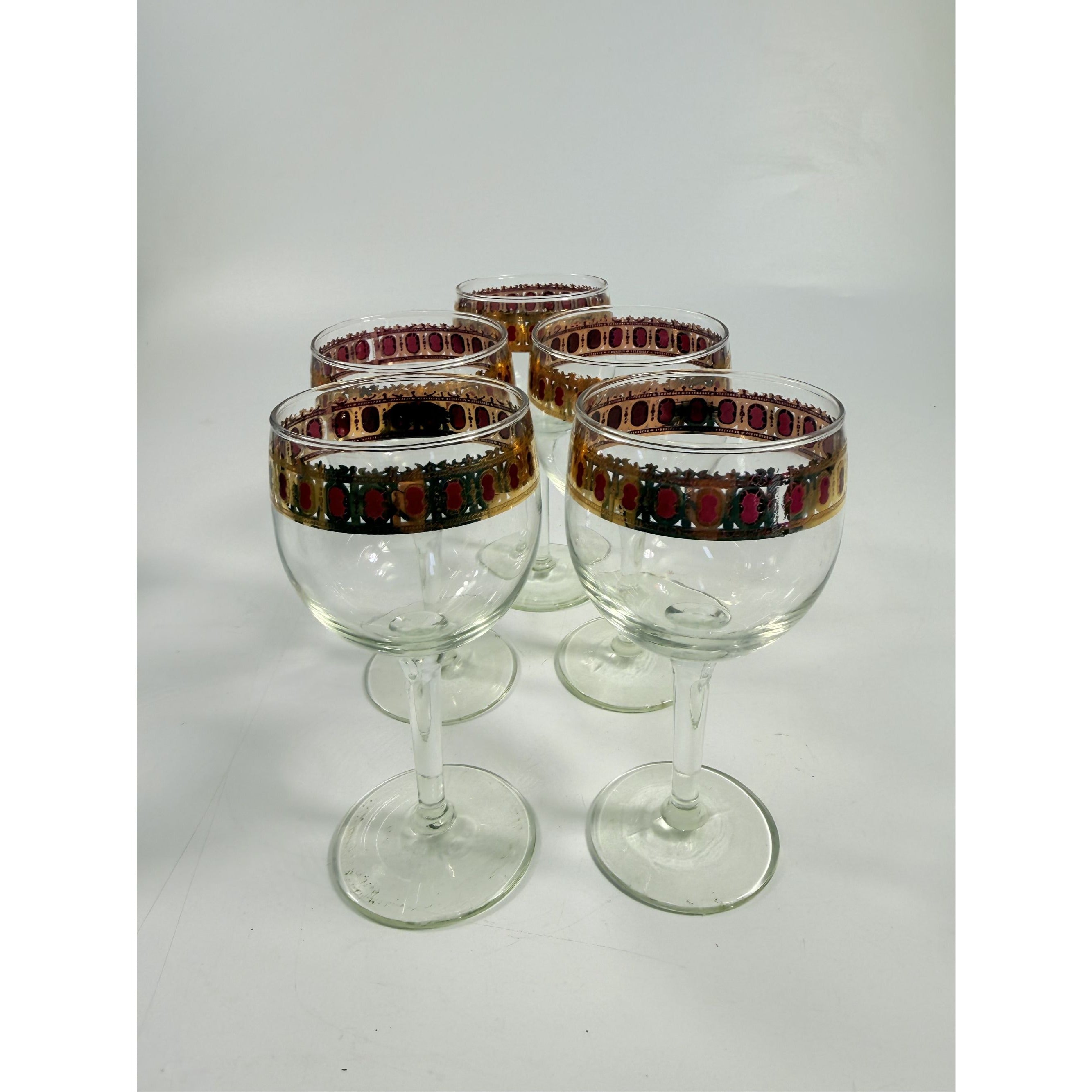 Stemmed Wine Glasses Culver Valencia Cranberry Scroll Mid Century Modern 22KT Gold Replacement  Glass - Set of 5 Vintage Barware Tableware