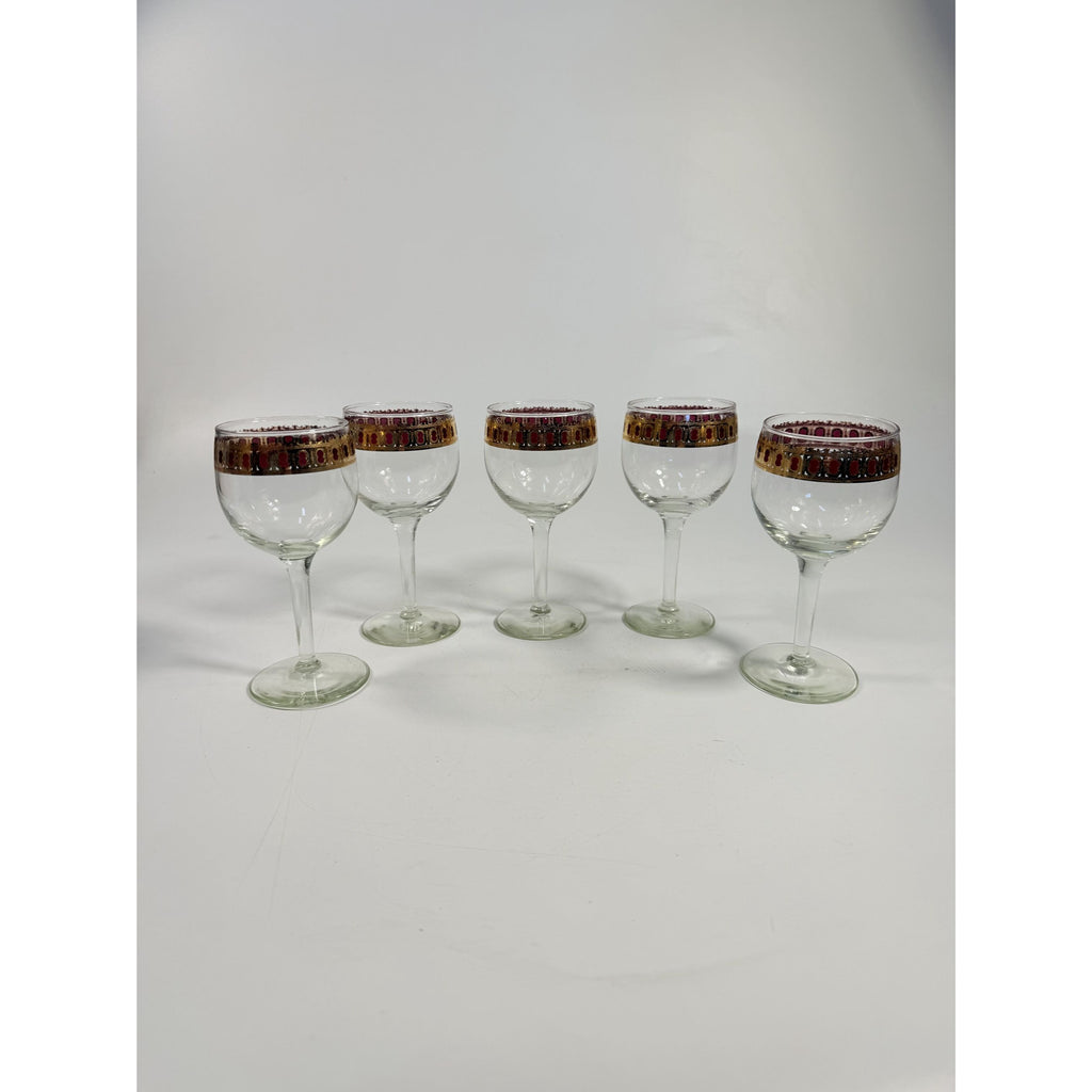 Stemmed Wine Glasses Culver Valencia Cranberry Scroll Mid Century Modern 22KT Gold Replacement  Glass - Set of 5 Vintage Barware Tableware