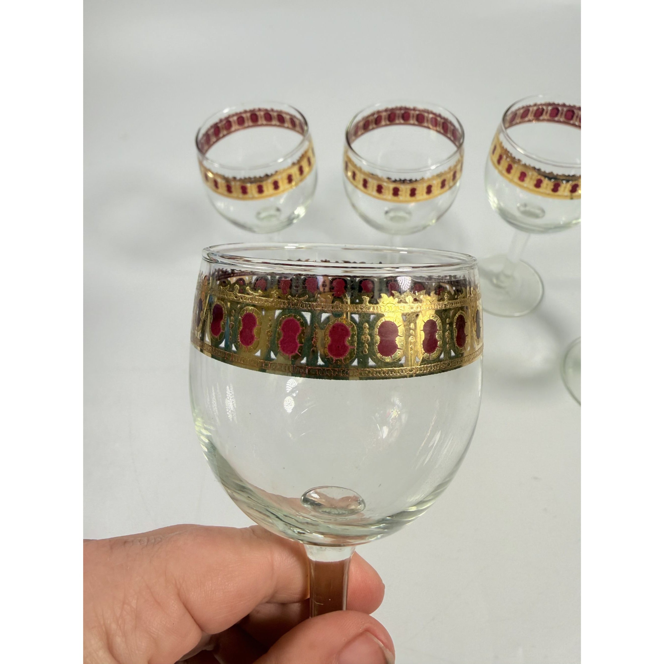 Stemmed Wine Glasses Culver Valencia Cranberry Scroll Mid Century Modern 22KT Gold Replacement  Glass - Set of 5 Vintage Barware Tableware