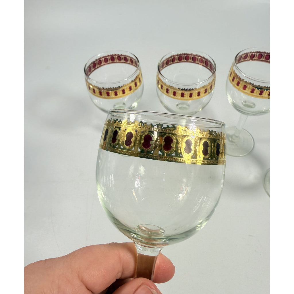 Stemmed Wine Glasses Culver Valencia Cranberry Scroll Mid Century Modern 22KT Gold Replacement  Glass - Set of 5 Vintage Barware Tableware