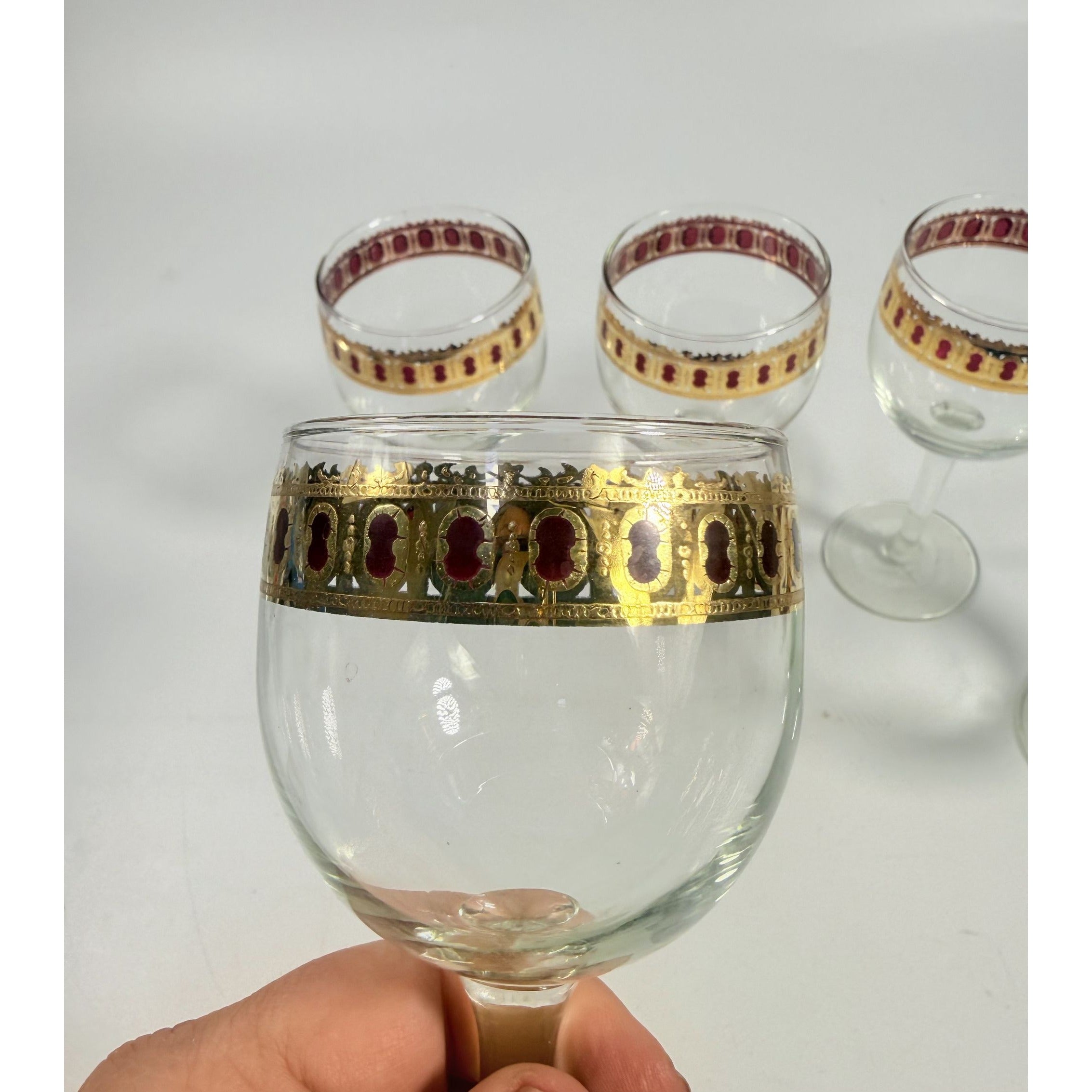 Stemmed Wine Glasses Culver Valencia Cranberry Scroll Mid Century Modern 22KT Gold Replacement  Glass - Set of 5 Vintage Barware Tableware