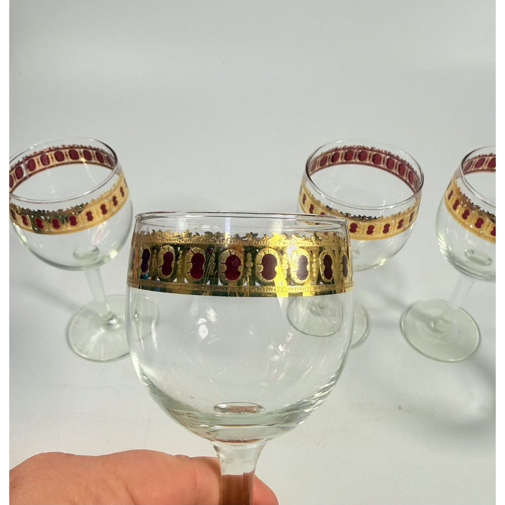 Stemmed Wine Glasses Culver Valencia Cranberry Scroll Mid Century Modern 22KT Gold Replacement  Glass - Set of 5 Vintage Barware Tableware