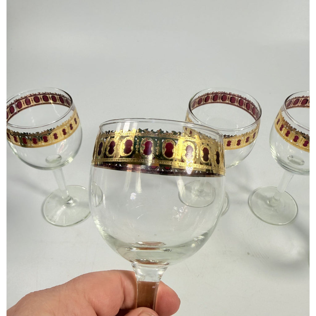 Stemmed Wine Glasses Culver Valencia Cranberry Scroll Mid Century Modern 22KT Gold Replacement  Glass - Set of 5 Vintage Barware Tableware