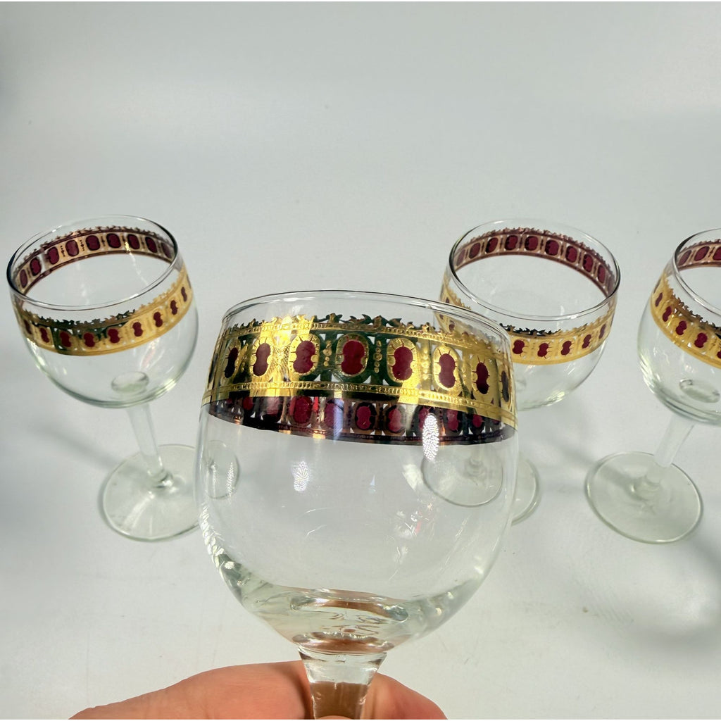 Stemmed Wine Glasses Culver Valencia Cranberry Scroll Mid Century Modern 22KT Gold Replacement  Glass - Set of 5 Vintage Barware Tableware