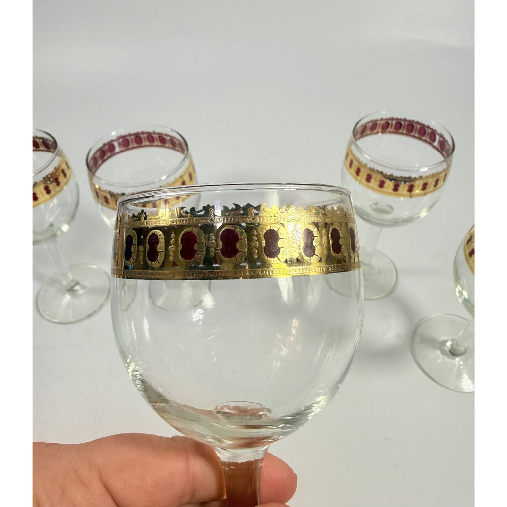 Stemmed Wine Glasses Culver Valencia Cranberry Scroll Mid Century Modern 22KT Gold Replacement  Glass - Set of 5 Vintage Barware Tableware