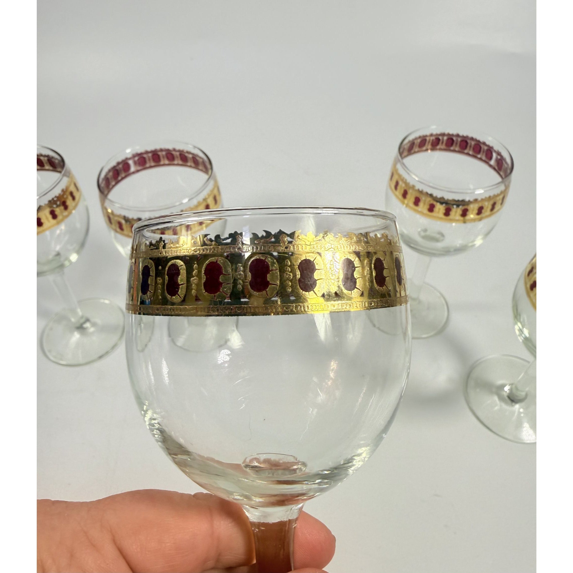 Stemmed Wine Glasses Culver Valencia Cranberry Scroll Mid Century Modern 22KT Gold Replacement  Glass - Set of 5 Vintage Barware Tableware