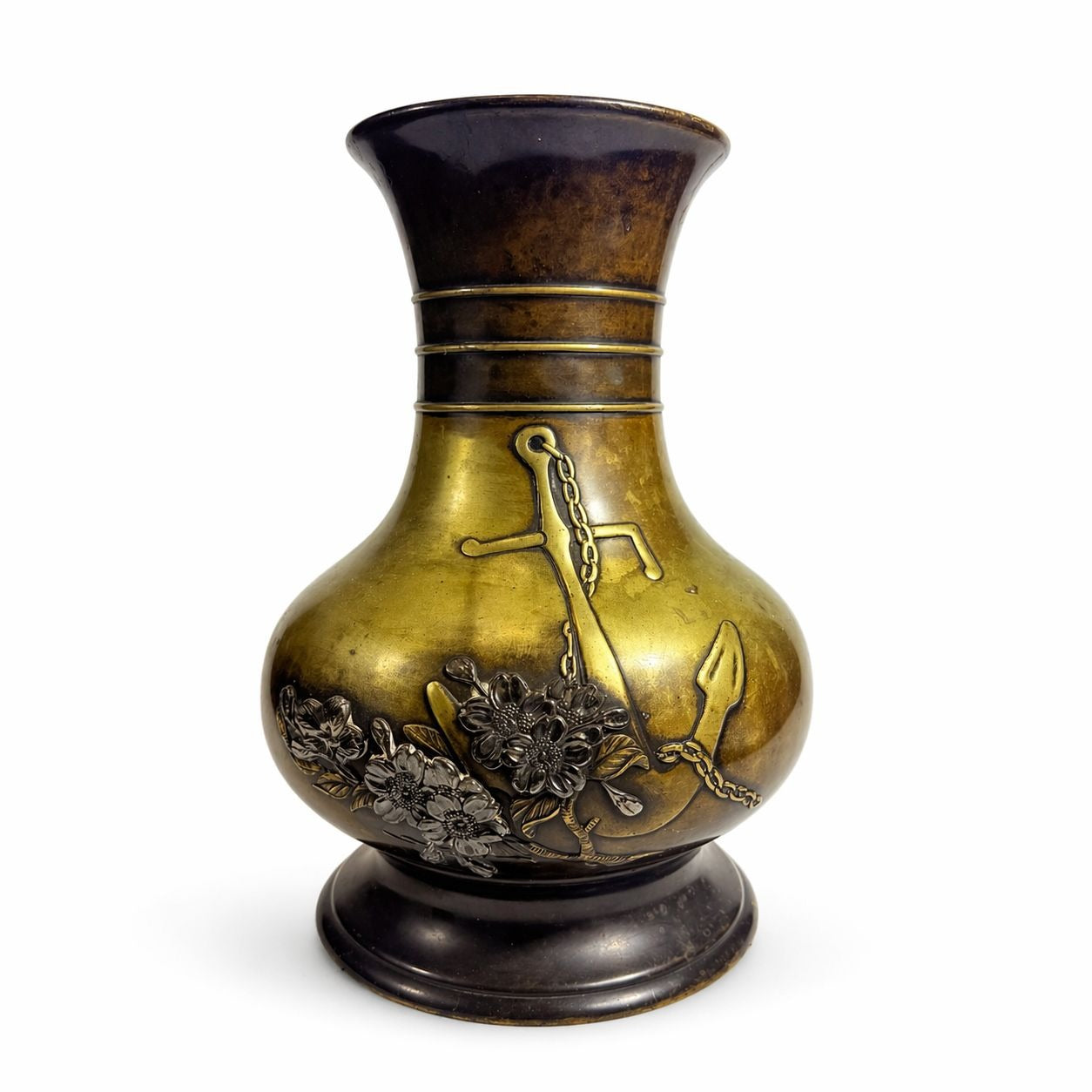 Brass Vase Antique Meiji Mixed Metal Bronze Japanese Inlaid Flowers Anchor War Souvenir Heavy Collectible Home Decor Decorative Accent