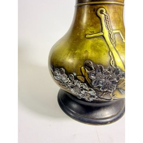 Brass Vase Antique Meiji Mixed Metal Bronze Japanese Inlaid Flowers Anchor War Souvenir Heavy Collectible Home Decor Decorative Accent