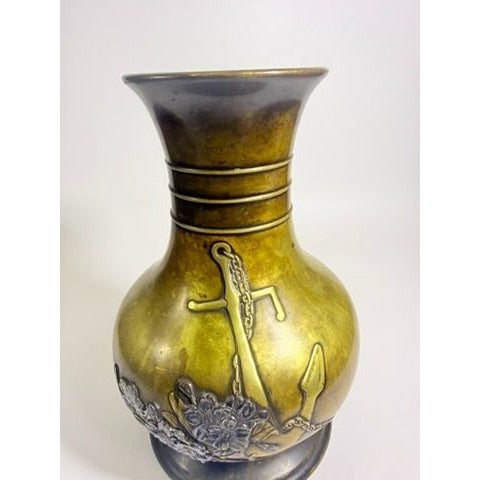Brass Vase Antique Meiji Mixed Metal Bronze Japanese Inlaid Flowers Anchor War Souvenir Heavy Collectible Home Decor Decorative Accent