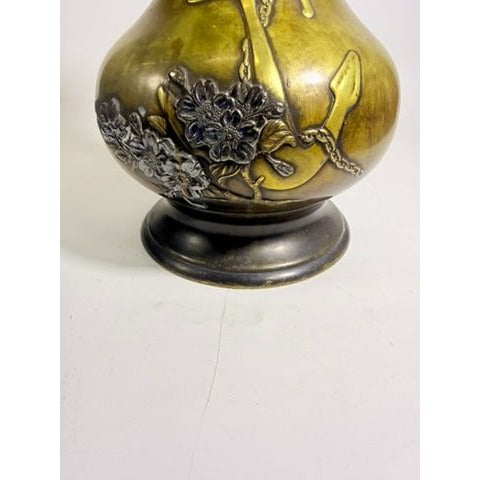 Brass Vase Antique Meiji Mixed Metal Bronze Japanese Inlaid Flowers Anchor War Souvenir Heavy Collectible Home Decor Decorative Accent