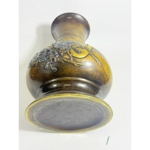 Brass Vase Antique Meiji Mixed Metal Bronze Japanese Inlaid Flowers Anchor War Souvenir Heavy Collectible Home Decor Decorative Accent