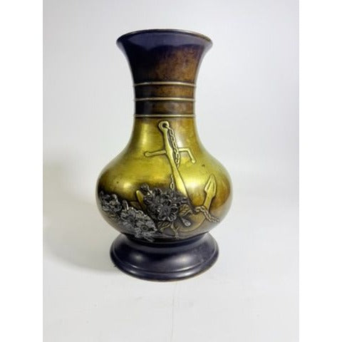 Brass Vase Antique Meiji Mixed Metal Bronze Japanese Inlaid Flowers Anchor War Souvenir Heavy Collectible Home Decor Decorative Accent