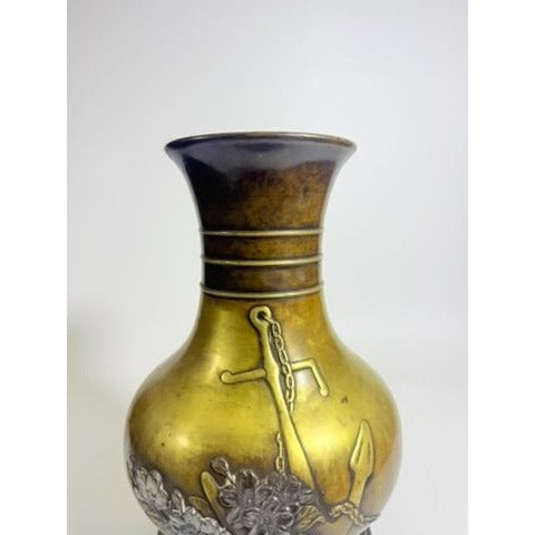 Brass Vase Antique Meiji Mixed Metal Bronze Japanese Inlaid Flowers Anchor War Souvenir Heavy Collectible Home Decor Decorative Accent