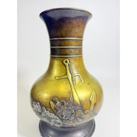 Brass Vase Antique Meiji Mixed Metal Bronze Japanese Inlaid Flowers Anchor War Souvenir Heavy Collectible Home Decor Decorative Accent