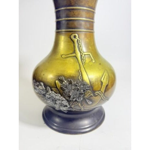 Brass Vase Antique Meiji Mixed Metal Bronze Japanese Inlaid Flowers Anchor War Souvenir Heavy Collectible Home Decor Decorative Accent