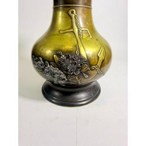 Brass Vase Antique Meiji Mixed Metal Bronze Japanese Inlaid Flowers Anchor War Souvenir Heavy Collectible Home Decor Decorative Accent