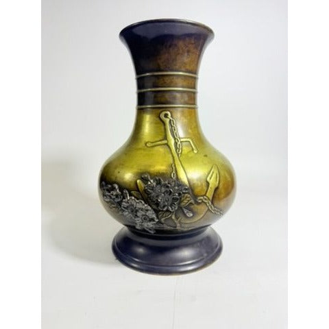 Brass Vase Antique Meiji Mixed Metal Bronze Japanese Inlaid Flowers Anchor War Souvenir Heavy Collectible Home Decor Decorative Accent