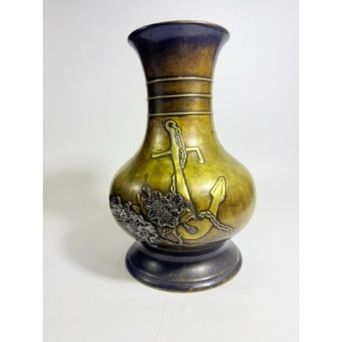 Brass Vase Antique Meiji Mixed Metal Bronze Japanese Inlaid Flowers Anchor War Souvenir Heavy Collectible Home Decor Decorative Accent