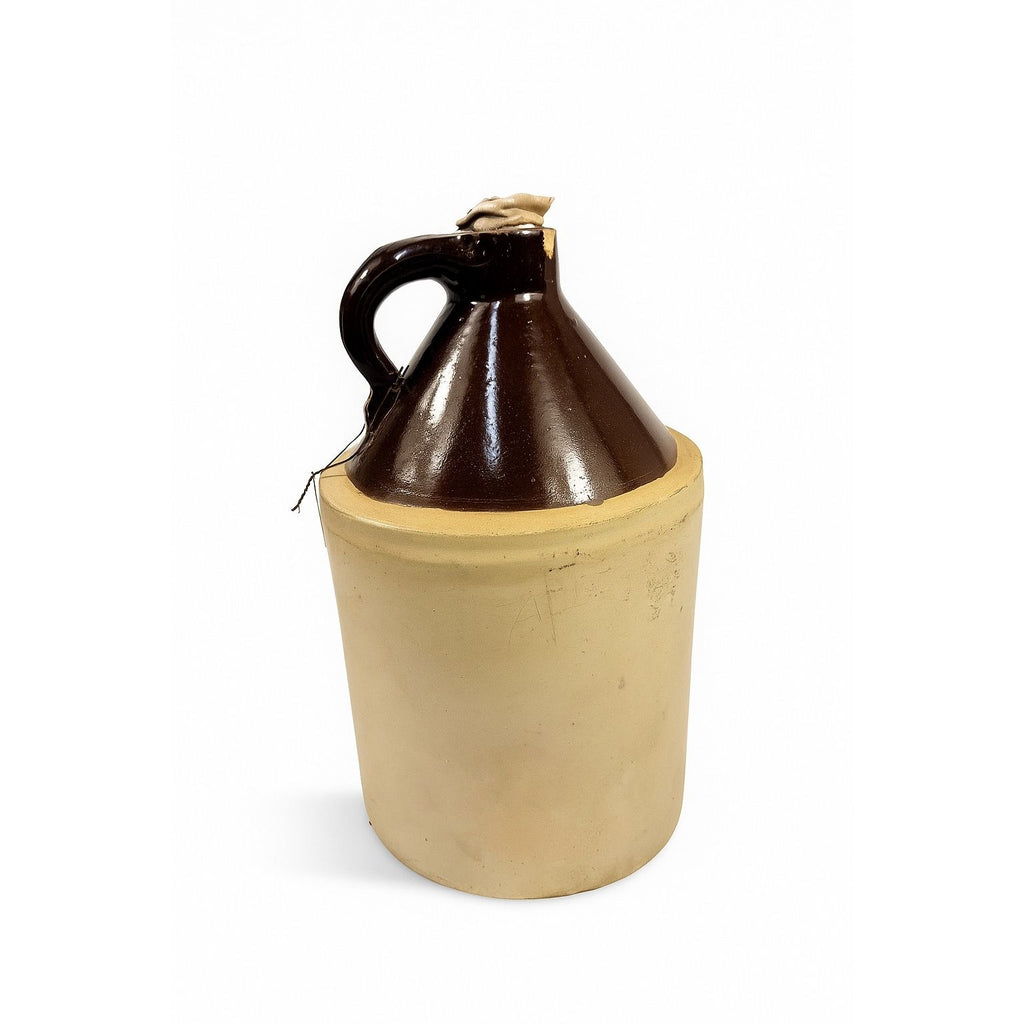 Antique Stoneware Jug • Two-Tone Brown & Cream Crock • Rustic Farmhouse Decor • Primitive Pottery with Chips Farmhouse Primitve Granny Core