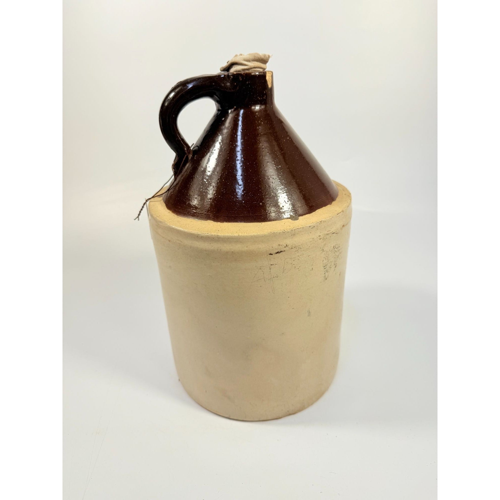Antique Stoneware Jug • Two-Tone Brown & Cream Crock • Rustic Farmhouse Decor • Primitive Pottery with Chips Farmhouse Primitve Granny Core