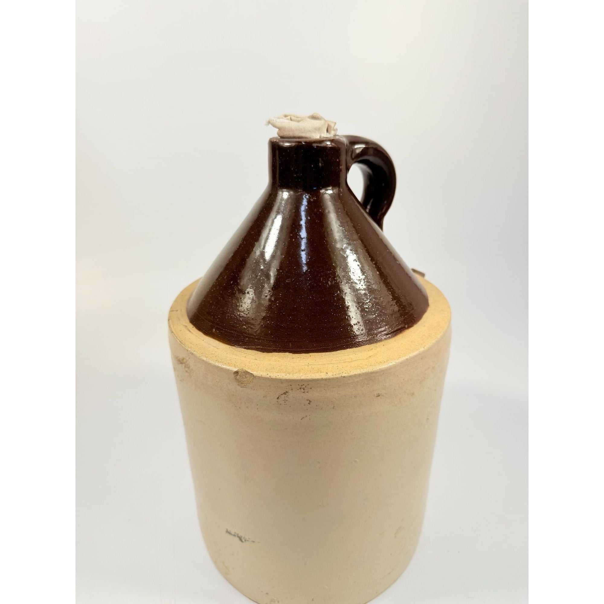 Antique Stoneware Jug • Two-Tone Brown & Cream Crock • Rustic Farmhouse Decor • Primitive Pottery with Chips Farmhouse Primitve Granny Core