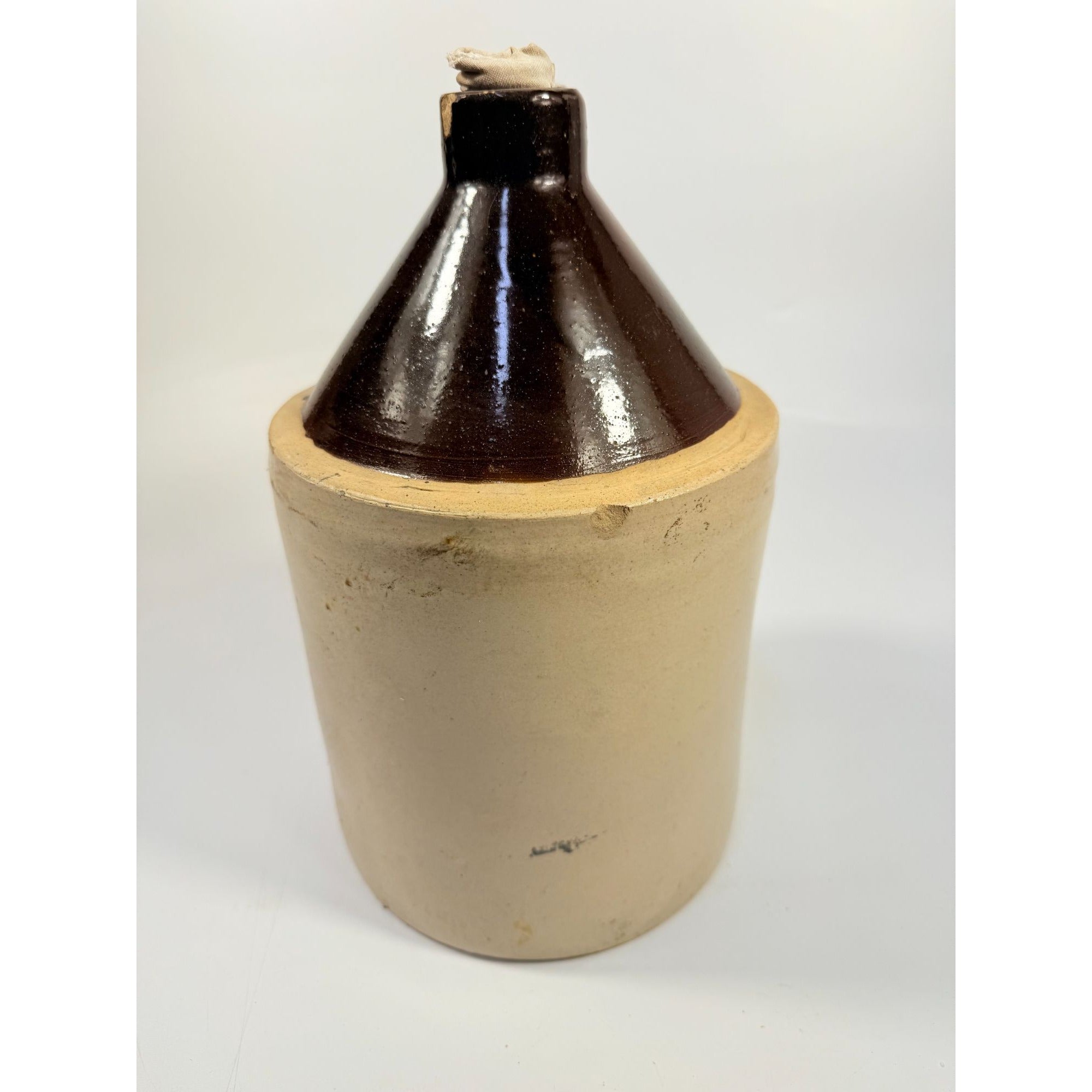Antique Stoneware Jug • Two-Tone Brown & Cream Crock • Rustic Farmhouse Decor • Primitive Pottery with Chips Farmhouse Primitve Granny Core