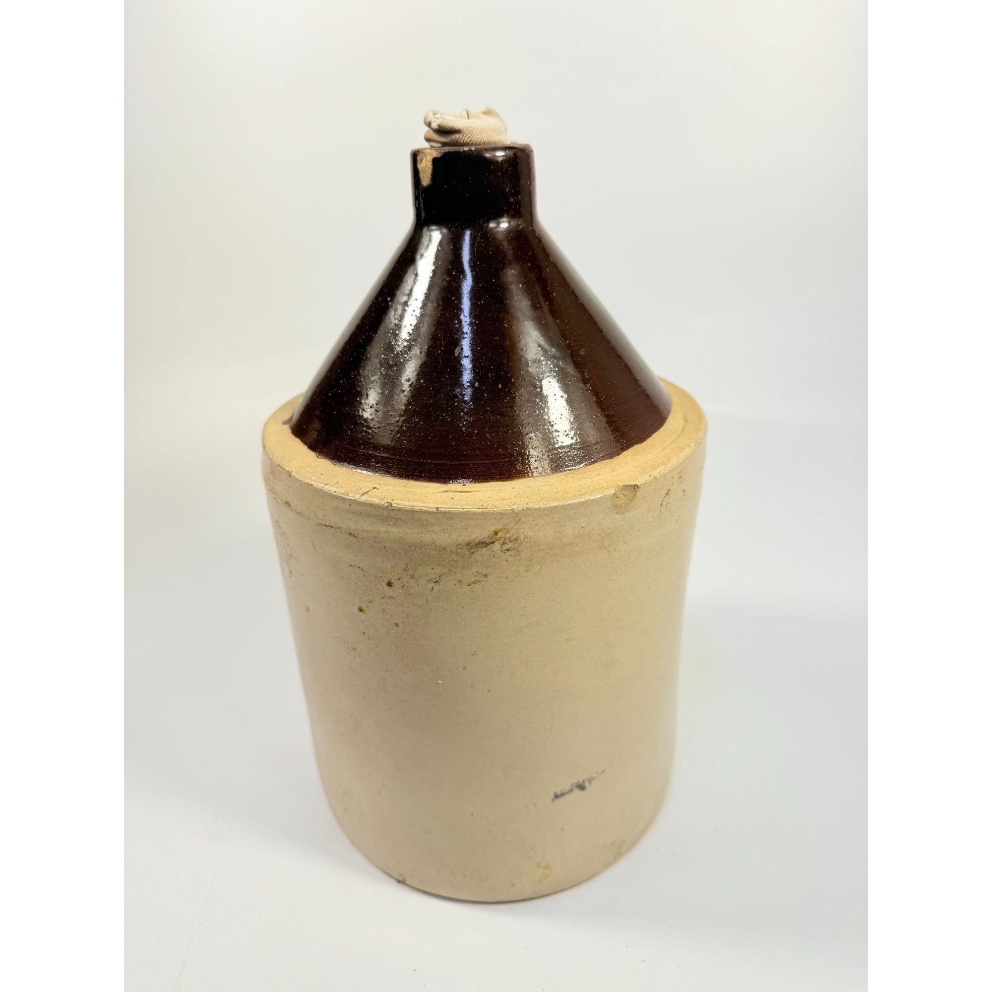 Antique Stoneware Jug • Two-Tone Brown & Cream Crock • Rustic Farmhouse Decor • Primitive Pottery with Chips Farmhouse Primitve Granny Core