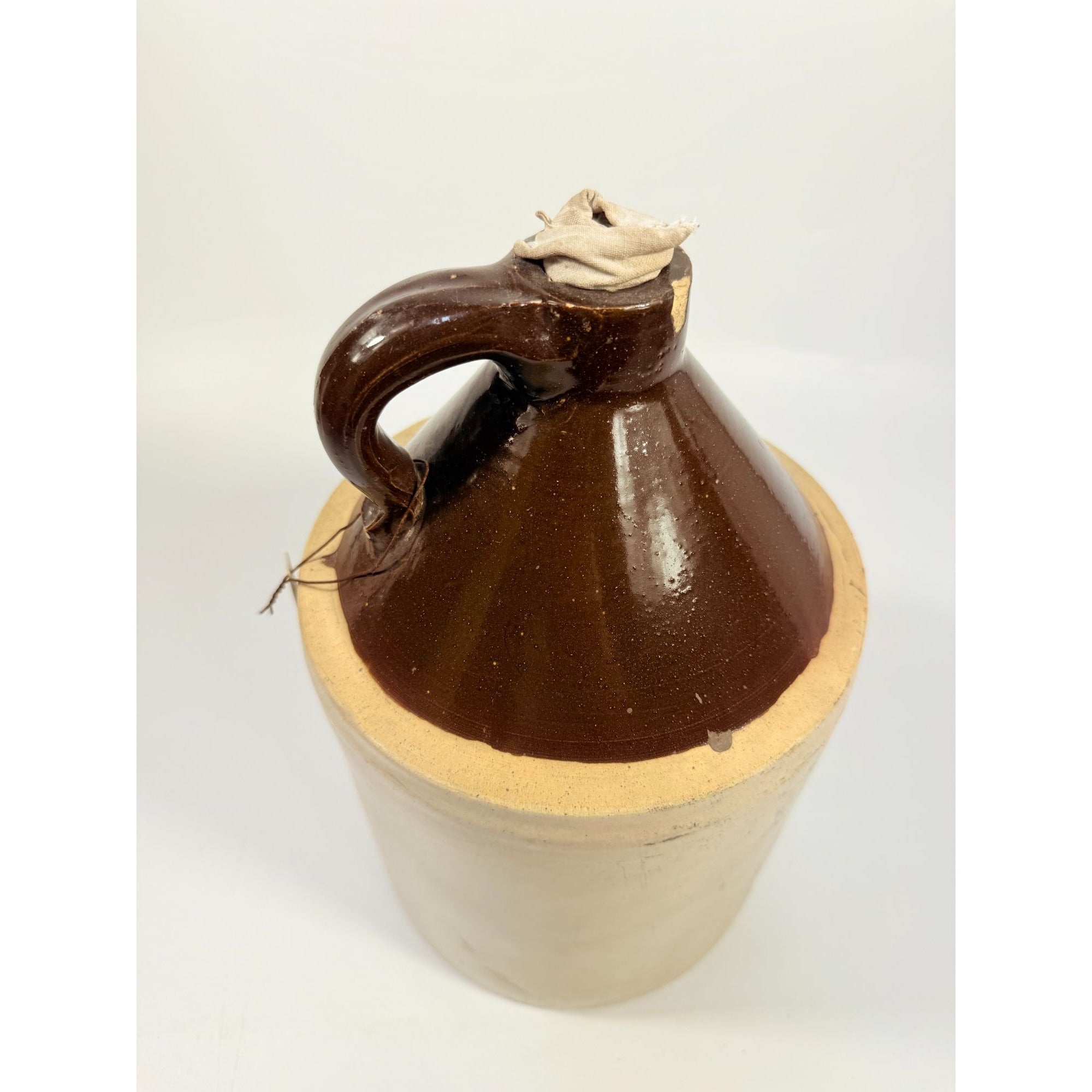 Antique Stoneware Jug • Two-Tone Brown & Cream Crock • Rustic Farmhouse Decor • Primitive Pottery with Chips Farmhouse Primitve Granny Core