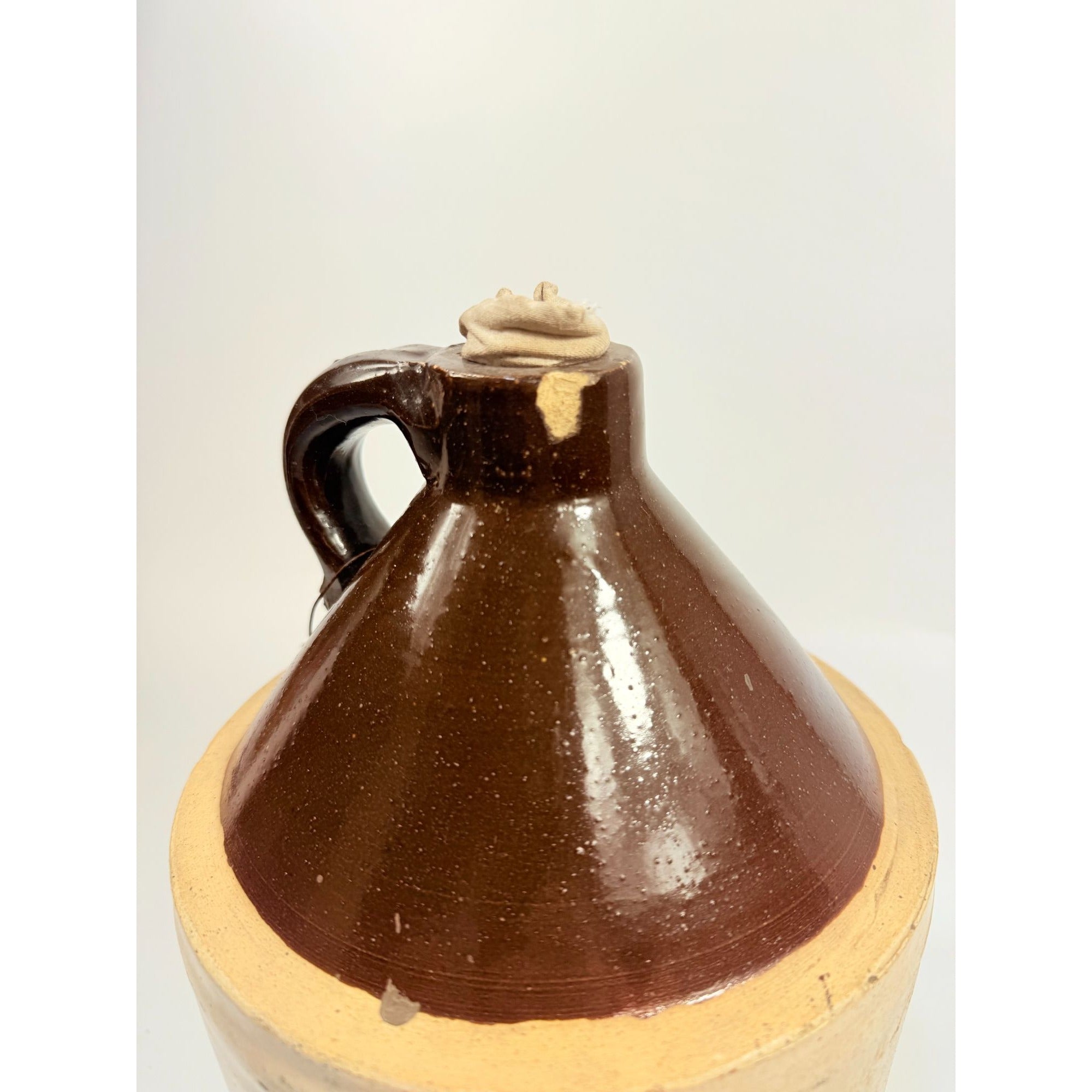 Antique Stoneware Jug • Two-Tone Brown & Cream Crock • Rustic Farmhouse Decor • Primitive Pottery with Chips Farmhouse Primitve Granny Core