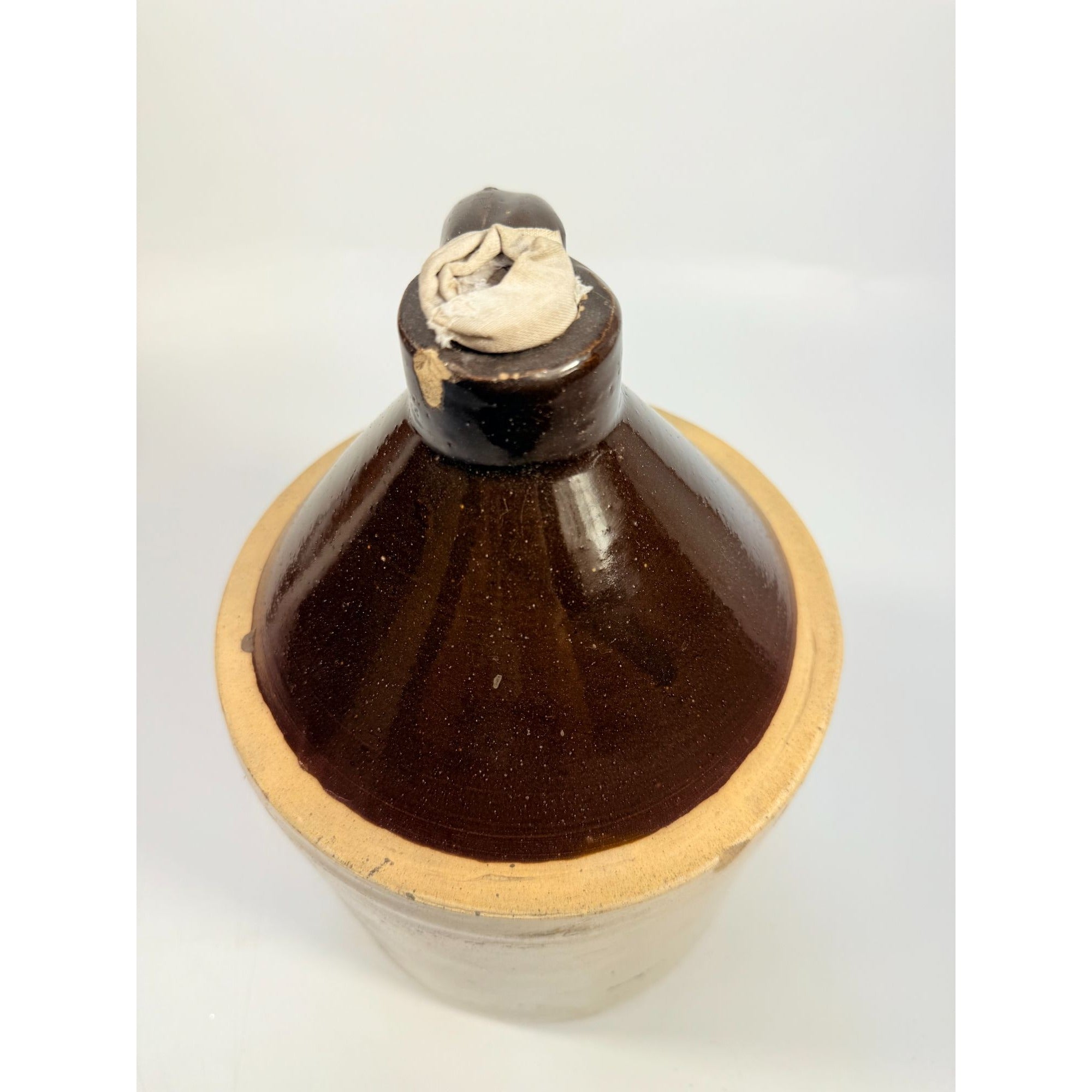 Antique Stoneware Jug • Two-Tone Brown & Cream Crock • Rustic Farmhouse Decor • Primitive Pottery with Chips Farmhouse Primitve Granny Core