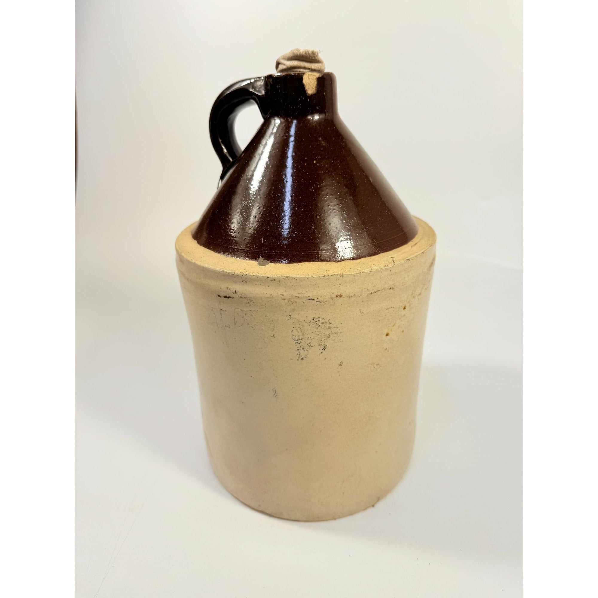 Antique Stoneware Jug • Two-Tone Brown & Cream Crock • Rustic Farmhouse Decor • Primitive Pottery with Chips Farmhouse Primitve Granny Core