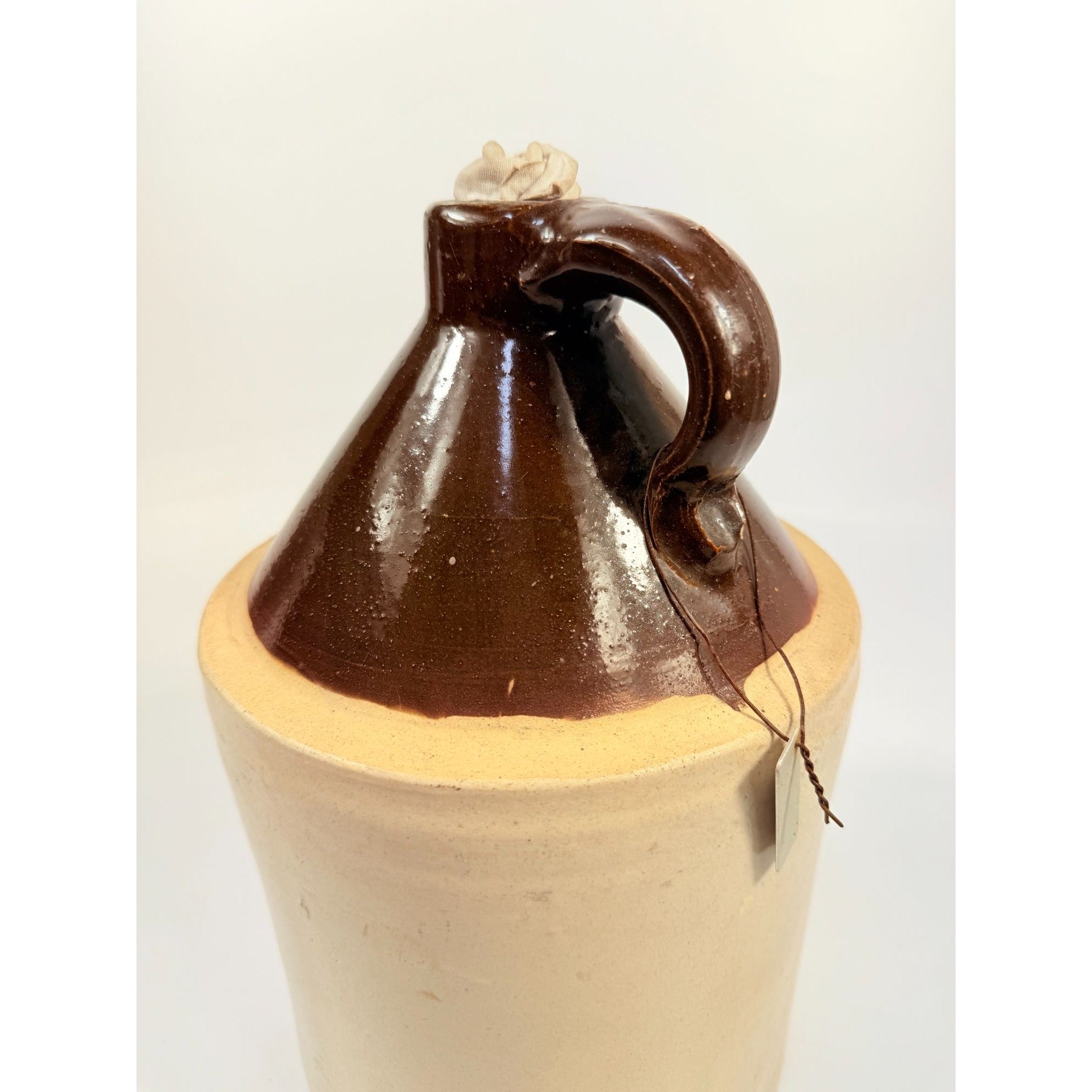 Antique Stoneware Jug • Two-Tone Brown & Cream Crock • Rustic Farmhouse Decor • Primitive Pottery with Chips Farmhouse Primitve Granny Core